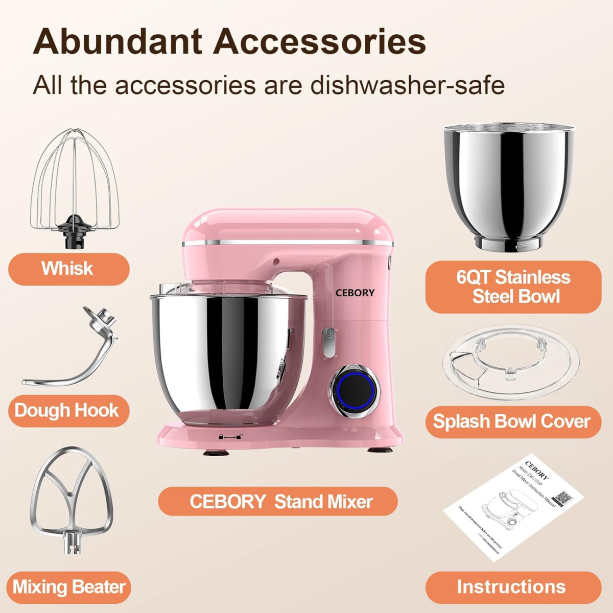 3-IN-1 Electric Stand Mixer, 6QT Bowl 10-Speed Kitchen Mixer, Household Food Mixers Include Dough Hook, Beater and Whisk, Bread Cake Mixer for Baking and Most Home Cooks, Pink - Image 2