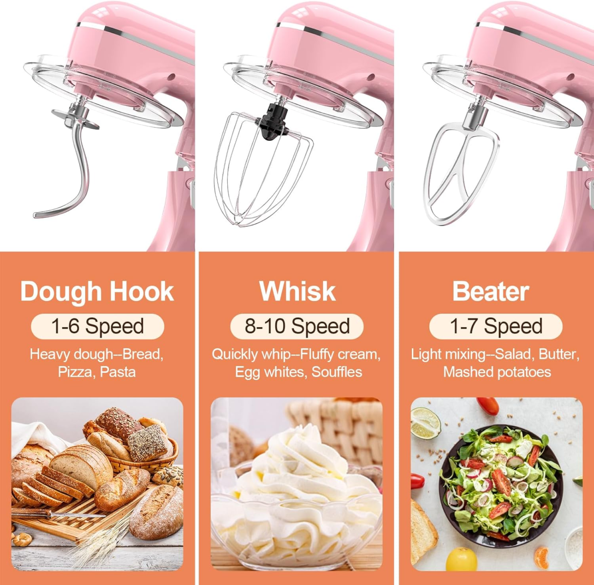 3-IN-1 Electric Stand Mixer, 6QT Bowl 10-Speed Kitchen Mixer, Household Food Mixers Include Dough Hook, Beater and Whisk, Bread Cake Mixer for Baking and Most Home Cooks, Pink - Image 3