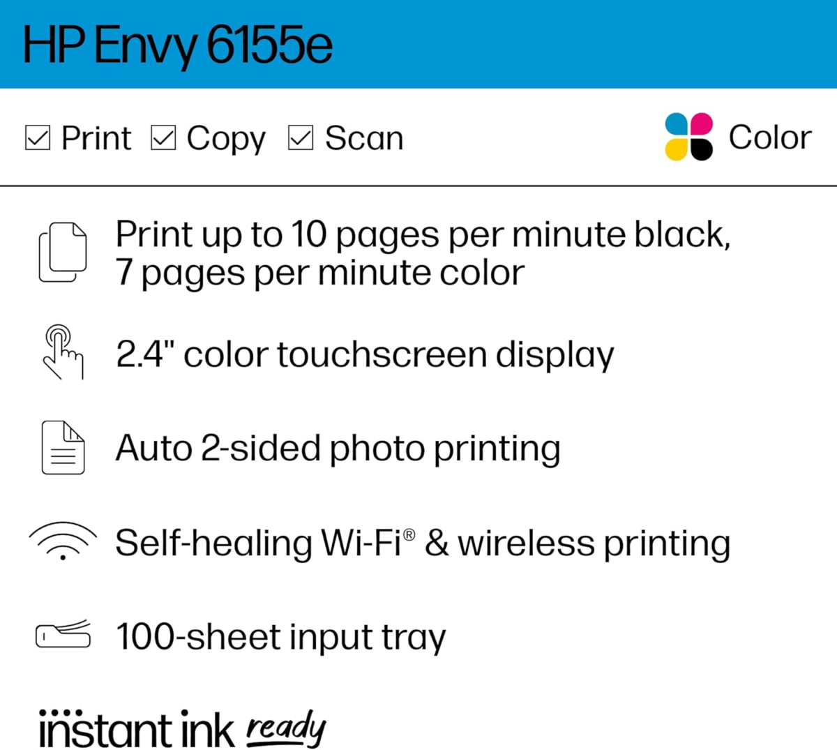 Envy 6155E Wireless All-In-One Color Inkjet Printer, Print, Scan, Copy, Duplex Printing Best-For-Home, 3 Months of Ink Included (714L5A) - Image 2