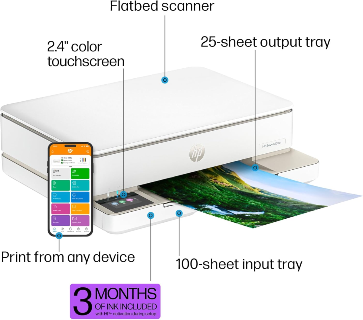 Envy 6155E Wireless All-In-One Color Inkjet Printer, Print, Scan, Copy, Duplex Printing Best-For-Home, 3 Months of Ink Included (714L5A) - Image 4