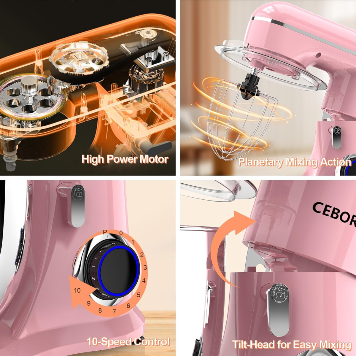 3-IN-1 Electric Stand Mixer, 6QT Bowl 10-Speed Kitchen Mixer, Household Food Mixers Include Dough Hook, Beater and Whisk, Bread Cake Mixer for Baking and Most Home Cooks, Pink - Image 4