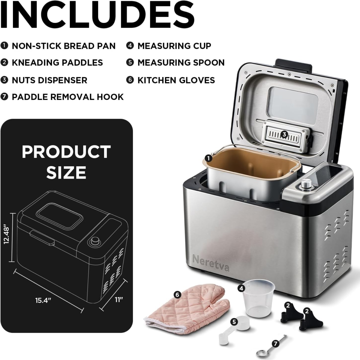 Bread Maker, 3.3LB Larger Bread Machine 15-In-1 Stainless Steel & Nonstick Ceramic Pan & Auto Nut Dispenser Bread Maker Machine Full Touch Panel with Gluten Free White Wheat Rye French Pizza - Image 8